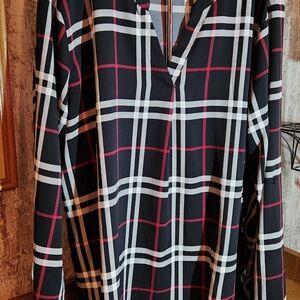 Black Red White Plaid Long Sleeve Shirt Tunic XXL Rollup Button Sleeves